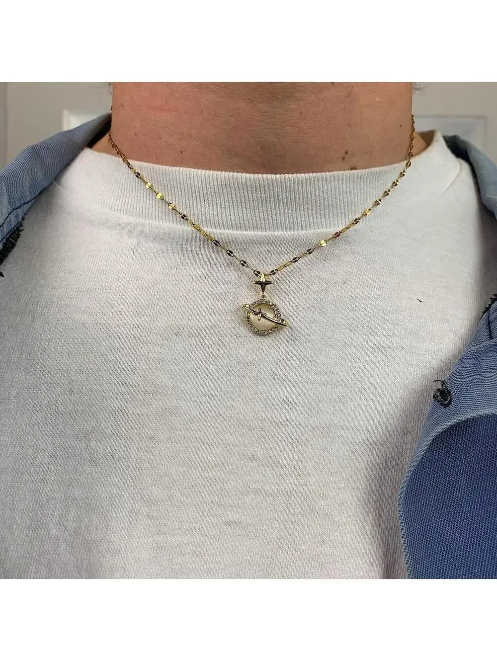 Cyber Y2k 2000s style gold opal planet pendant opium necklace. Cool design.